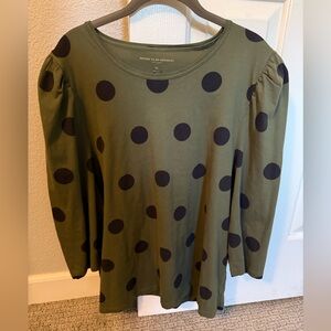 Stella & Dot Olive Green Long Sleeve Top with Black Polka Dots